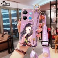 Callfire เคสโทรศัพท์คอลไฟร์เหมาะสำหรับรุ่น Infinix Note 30i Note 30 Pro 4G 5G Note 30 Vip Smart 7 Tecno Camon 20 Pro 4G Tecno CK6 CK6n CK7n X6710 X678 X6711 X6833B X6515ลวดลายสาวอะนิเมะน่ารักชุบโลหะด้วยไฟฟ้าเคสซิลิโคนนิ่มพร้อมสายรัดข้อมือยาว