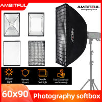 AMBITFUL 60x90cm กล่องอ่อนสี่เหลี่ยมผืนผ้าพร้อมตาข่ายรังผึ้งสำหรับ Godox Aputure Yongnuo Bowens Mount Softbox