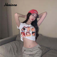 Herione เสื้อยืดแขนสั้นการ์ตูนเครื่องเทศหวานสำหรับผู้หญิงคอกลมเข้ารูปฤดูร้อนแบบสั้น501b070