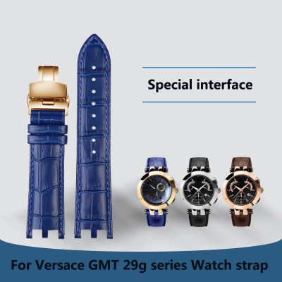 สายนาฬิกาสำหรับ Versace Series GMT 29G เว้าคู่นูนหนังลูกวัวสายนาฬิกาอุปกรณ์เสริมสีดำ22มม. ผู้ชาย