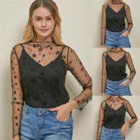 Hang Qiao Wanita Mesh Lihat Melalui T-Shirt Fesyen Berongga Baju Telus Bintang Dot Asas Top Baju Clubwear