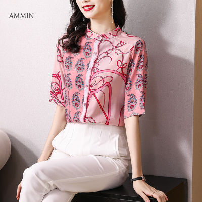 AMMIN Tops 2021ฤดูร้อนใหม่แขนสั้น Retro บุคลิกภาพพิมพ์เสื้อชีฟองผู้หญิงหลวมกลางแขนยาว Stand-Up Collar อารมณ์สง่างามเสื้อ