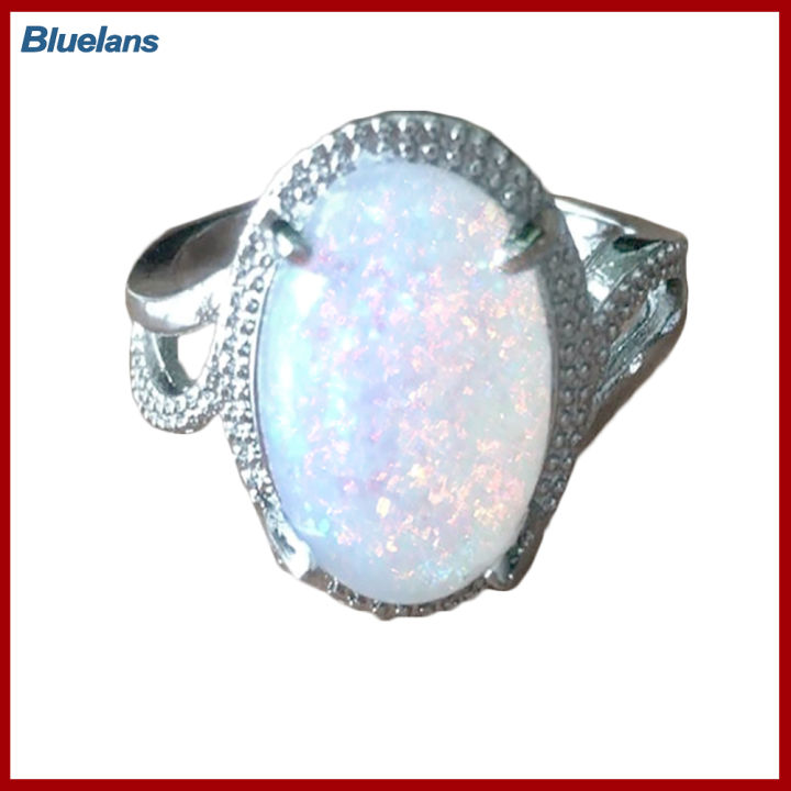 Bluelans®ของขวัญแหวนประดับแหวนโอปอลเทียมทรงวงรีรูปไข่สำหรับผู้หญิงแฟชั่นสุดแวววาว