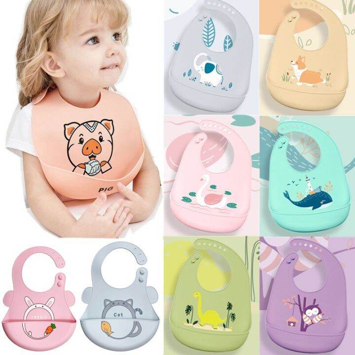 2021-cute-baby-bibs-waterproof-silicone-bib-infant-toddler-feeding-saliva-towel-cartoon-adjustable-children-apron-with-pocket