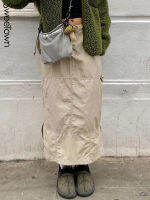 (HOT)Sweetown สีกากี Casual Long Cargo กระโปรงผู้หญิงเย็บ Vintage Baggy Streetwear ชุดแยกแฟชั่นต่ำเอว LooseSize กระโปรง