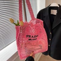 ร้อน, ร้อน★【READY TO SHIP】 Orihinal PRADAˉWoven Bag Small Crowd Design Original Womens Bag Shoulder Bag Large Capacity Hollow Design Hand-held Big Bag Straw Weaving