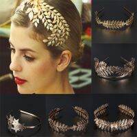 OKDEALS มงกุฎสีทอง Headpiece ใบยางรัดผมน่ารักวงผมห่วงอุปกรณ์ทำผมสำหรับงานแต่งงานเจ้าสาว