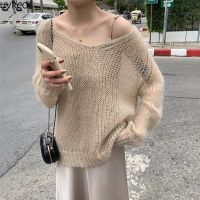 【CW】 Color Thin Sweaters Hollow V-neck Knitted Pullover Loose Sweatshirt Korean Streetwear