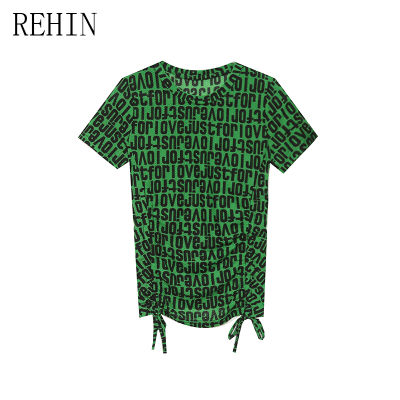 REHIN เสื้อยืดแขนสั้นอเนกประสงค์สำหรับผู้หญิง,เสื้อแขนยาวบางตาข่ายเชือกรูดพิมพ์ลายคอกลมแฟชั่นใหม่ฤดูร้อน