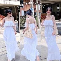 ?Mookrinstyle?เดรสสีขาว เดรสยาวสายเดี่ยว white dress เดรสไปทะเล ชุดไปทะเลผู้หญิง ชุดสีขาว Maxidress