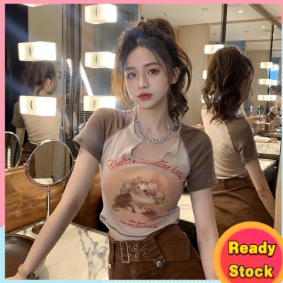 พร้อมส่ง เสื้อยืดแขนสั้น คอกลม ผ้าฝ้าย แบบเข้ารูป โชว์สะดือ สไตล์เกาหลีวินเทจ สําหรับผู้หญิง V728