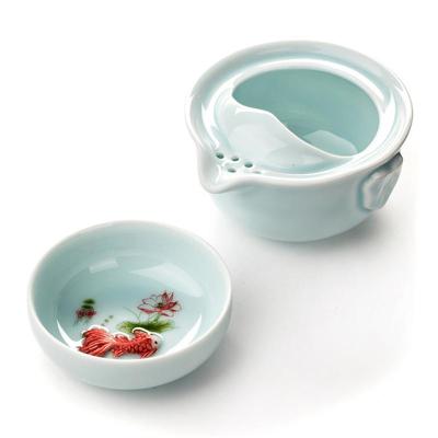 High quality elegant gaiwan,Celadon 3D Carp Kung Fu Tea set Include 1 TeaPot 1 TeaCup,Beautiful and easy teapot kettle.