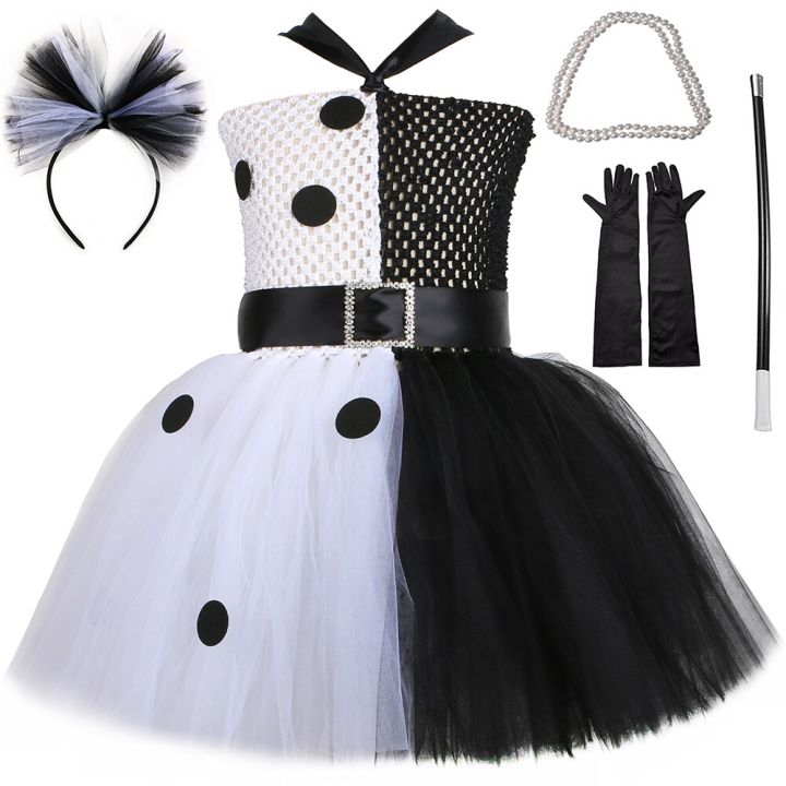cruella-de-vil-tutu-dress-girls-dalmatians-black-white-witch-cosplay-halloween-costume-kids-fancy-carnival-party-clothes-outfit