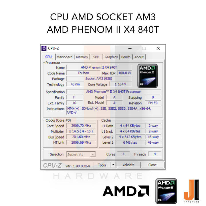 cpu-amd-phenom-ii-x4-840t-4-cores-4-threads-2-9-3-2-ghz-6-mb-l3-cache-95-watts-tdp-no-fan-socket-am3-สินค้ามือสองสภาพดีมีการรับประกัน