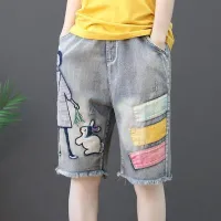 Women Denim Short 2020 Summer R Loose Embroidered High Elastic Waist Rolled Edge Pant Rabbit Patchwork Washed Denim Material Artsy Style