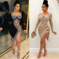 ❡ New 2022 Women Hot Rhinestone Mesh See Though Bodycon Dress Sexy Night Party Clubplunging Neck Lace Up Side Slit Midi Dresses