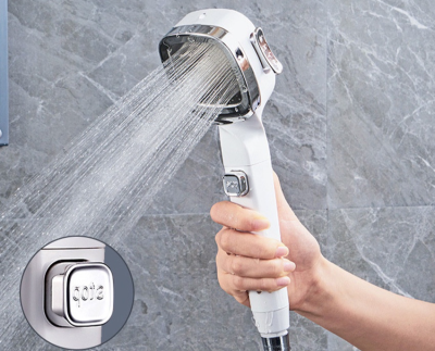 High Pressure Shower Head ฝักบัวอาบน้ำแรงดันสูง แผงสแตนเลส 4 แบบสเปรย์หัวฝักบัวปุ่มเดียวหยุด เริ่มต้นสำหรับสปาและห้องน้ำ ฝักบัวแรงดันสูงของแท้