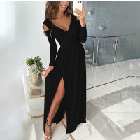 Autumn Maxi Dress Woman Fashion Black Green Casual V-neck Long Sleeve Hem Slit Elegant Party Dresses Winter For Women Robe Femme