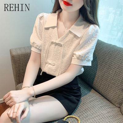 REHIN เสื้อผู้หญิงแฟชั่นใหม่ฤดูร้อนคอวีแขนพองสไตล์จีน,เสื้อแขนสั้นเสื้อ S-Xl