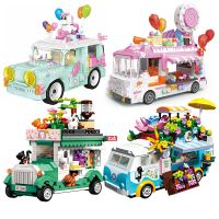 Micro Building Blocks City Car Model Ice Cream Truck Dining Car Garden Street View Food Store Kids Construction Toys Girls Gifts Building Sets