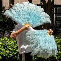 Light Blue นกกระจอกเทศ Feathers พัดลมขนาดเล็กมือถือพับ100ซม. ขนาดพัดลมพัดลมสำหรับ Performance Dance Party Carnival Show Prop