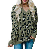 LOGAMI V Neck Leopard Women Knitted Sweater Long Sleeve Pullover and Sweater Womens Autumn Winter Jumper