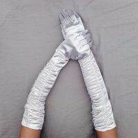 ☼┇ Wedding Bride Gloves Black White Ivory Long Beaded Satin Elegant Women Evening Party Finger Mitten Gants Mariage luvas de noiva