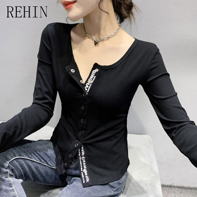 REHIN เสื้อยืดผู้หญิง2023สไตล์ยุโรปบางมาใหม่ล่าสุดฤดูใบไม้ร่วง,เสื้อยืดอเนกประสงค์แขนยาวเพิ่มอารมณ์สไตล์ส่วนตัวเสื้อเชิ้ตธรรมดา
