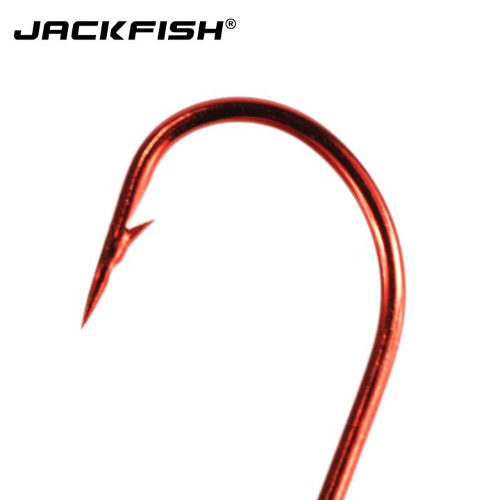 อุปกรณ์ตกปลา-jackfish-50ชิ้น-ล็อตตะขอเหยื่อที่เหวี่ยงล่อเบ็ดสีแดงที่มีรูตะขอตกปลาเหล็กคาร์บอนสูงเหยื่อปลอมตะขอตกปลา