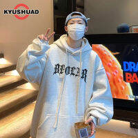 KYUSHUAD เสื้อกันหนาวมีฮู้ดสำหรับผู้ชาย,เสื้อสเวตเชิ้ตเสื้อพิมลายข้อความลำลองรุ่นอเมริกันเฮฟวีเวต