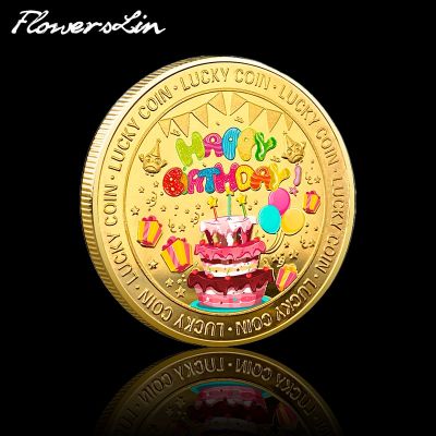 [Flowerslin] Happy Birthday Colorful Paintd Commemorative Coin Love And Happiness Lucky Gold Coin Childrens Birthday Present