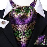 เนคไทลาย Paisley Cravat หรูหราสำหรับผู้ชายสีม่วงสีเขียวกระเป๋าแหวนเงินรูปสี่เหลี่ยมผ้าพันคอแอสคอตแบบลำลองเนคไทชุดเนคไท