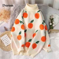 ☬✾ Sweater Woman Winter Sweet Cute Orange Embroidery Oversized Pullovers Japanese Casual O-Neck Loose Knitwear Jumper Sueter Mujer