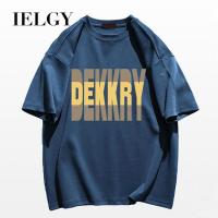 IELGY เสื้อยืดแขนสั้นผู้ชาย,เสื้อคู่พิมพ์ลายตัวอักษรอเมริกันสไตล์ตามท้องถนนสูงสีดำ