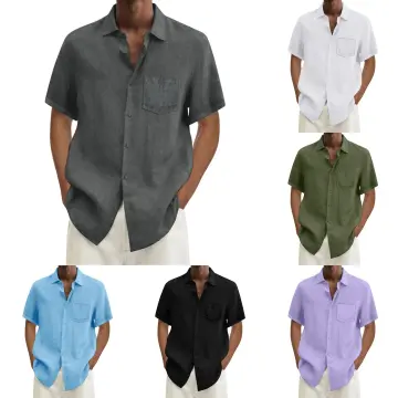 Short-Sleeved Shirt with Mandarin Collar in Cotton/Linen for Boys - beige  light solid, Boys