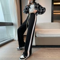 COD Summer New White Striped Wide-leg Mopping Pants Womens High-waist Straight Loose Casual Sports Trousers