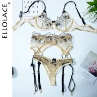 ZZOOI Ellolace Lingerie Sexy Transparent Bra Underwire Sheer  Costumes Bowknot Floral Embroidery Garters Exotic Sets