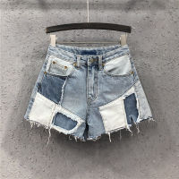 กางเกงขาสั้น Splicing and contrasting color denim shorts womens spring and summer beggar pants Loose wide-leg hot pants