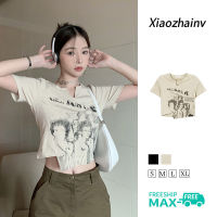 Xiaozhainv เสื้อคอวีแขนสั้นสำหรับผู้หญิงฉบับภาษาเกาหลีย้อนยุคเซ็กซี่