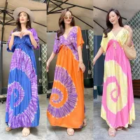 ส่งเร็ว! ? มาแล้วจร้าาามัดย้อมสวย สับๆๆ จัดได้คร้าRosee Tie Dyed maxi   Maxi Dress ทรงคอวีไหล่ล้ำลงมาปิดแขนเก๋ๆ ?ช่วงเอวแต่งสมอค ทำลายมัดย้อมDIY ทั