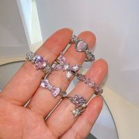 Pink Crystal Heart Bowknot Rings For Women Girls Y2k Kpop Sweet Cool Open Finger Rings Party Fashion Jewelry Gifts 2023 New