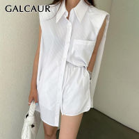 GALCAUR Loose Two Piece Set For Women Lapel Collar Sleeveless Single Breasted Shirts High Waist Shorts Pants Striped Sets Female