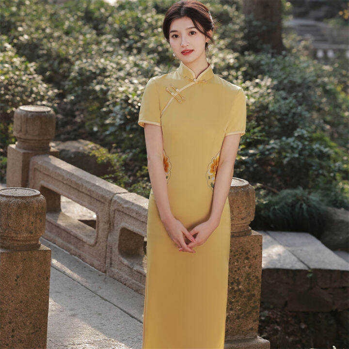 2022เลียนแบบกรดอะซิติกสุภาพสตรี-cheongsam-หนุ่มสไตล์ปรับปรุงย้อนยุคเย็บปักถักร้อยที่เรียบง่ายและสง่างามระดับไฮเอนด์นางฟ้ากระโปรงสาธารณรัฐสไตล์จีน