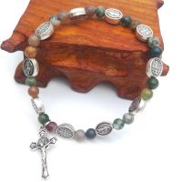 lanfy1 Natural Stone Agate Beads Cross Rosary celets Bangles Religious Faith Jesus Charm celets