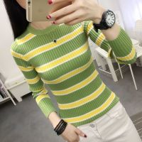 ✉㍿ Fashion O-Neck Knitted Spliced All-match Striped Sweater Womens Clothing 2022 New Pullovers Loose Korean