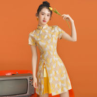 Modern Improve Yellow Chinese Fashion Cheongsam Dress Women National Style Vintage Clothing Summer Short Sleeve Slim Girl Qipao