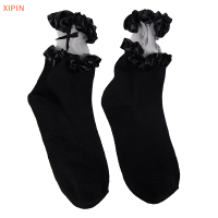 QN ถุงเท้ายาวครึ่งน่องสำหรับผู้หญิง1คู่ถุงเท้าผ้าฝ้ายบางๆลายผูกโบว์ JK Lolita ถุงเท้าแฟชั่นลูกไม้ระบายอากาศน่ารัก