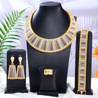 【lz】▽∋  Jimbora-Dubai Layer Bridal Jewelry Set para Mulheres Colar Pulseira Anel Brincos Luxo Splicing Gorgeous Festa de Casamento