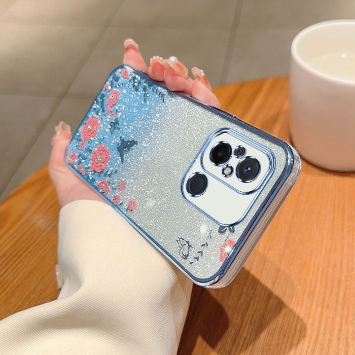 เคสกากเพชรสำหรับเรดมี่12c-12-10c-10a-9c-4g-redmi12-redmi12c-โทรศัพท์ซิลิโคน-tpu-ยืดหยุ่นฝาหลังอ่อนนุ่มเคสกันกระแทกมือถือแวววาวปกป้องผิวชุบลายดอกไม้ไล่ระดับสี