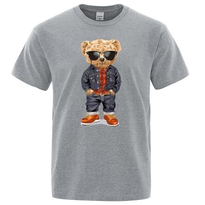 Cowboy Teddy Bear With Hands In Pockets Men T Shirts Loose Streetwear Tee Clothes Tshirts Cotton